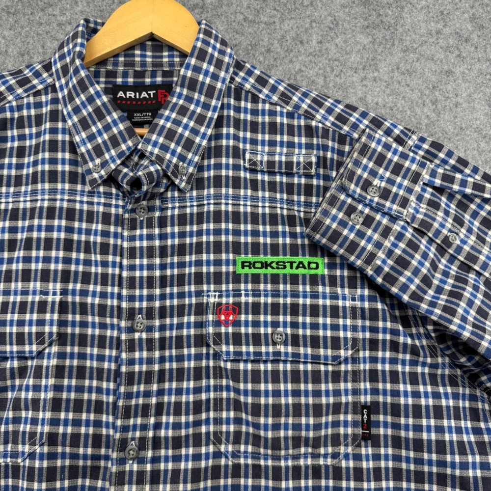 Ariat FR Work Shirt Mens XXL Blue Plaid Flame Resistant Rokstad Patch LS